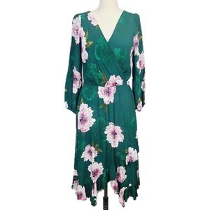 Plenty by Tracy‎ Reese Anthro Aleah Dress Green Pink Floral Faux Wrap Midi XS